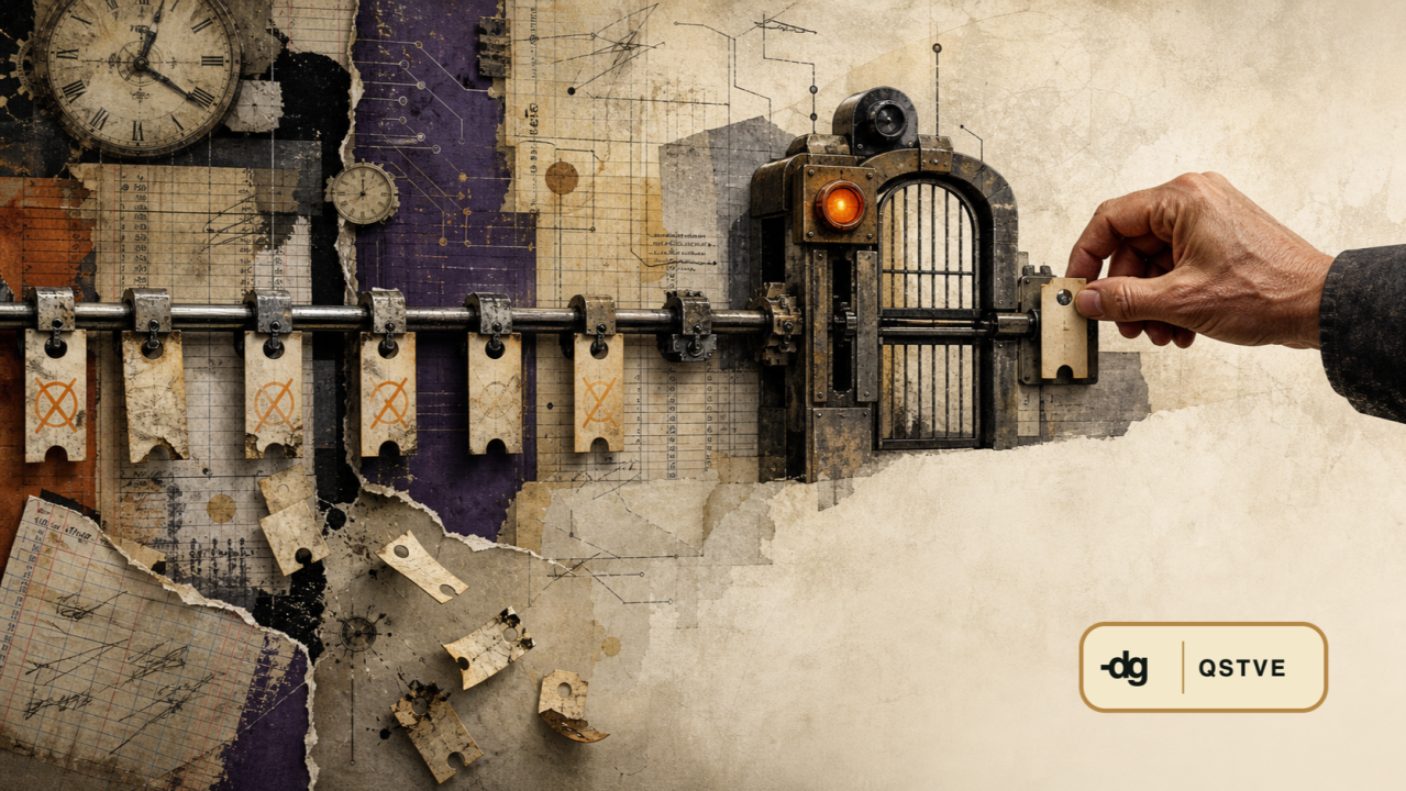 A collage of a timepiece, hanging permission tags, and a mechanical gate as a hand inserts a tag.