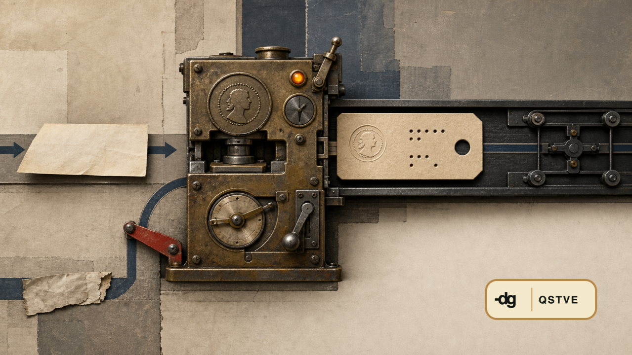 A mechanical stamping device feeds a marked tag along a conveyor.