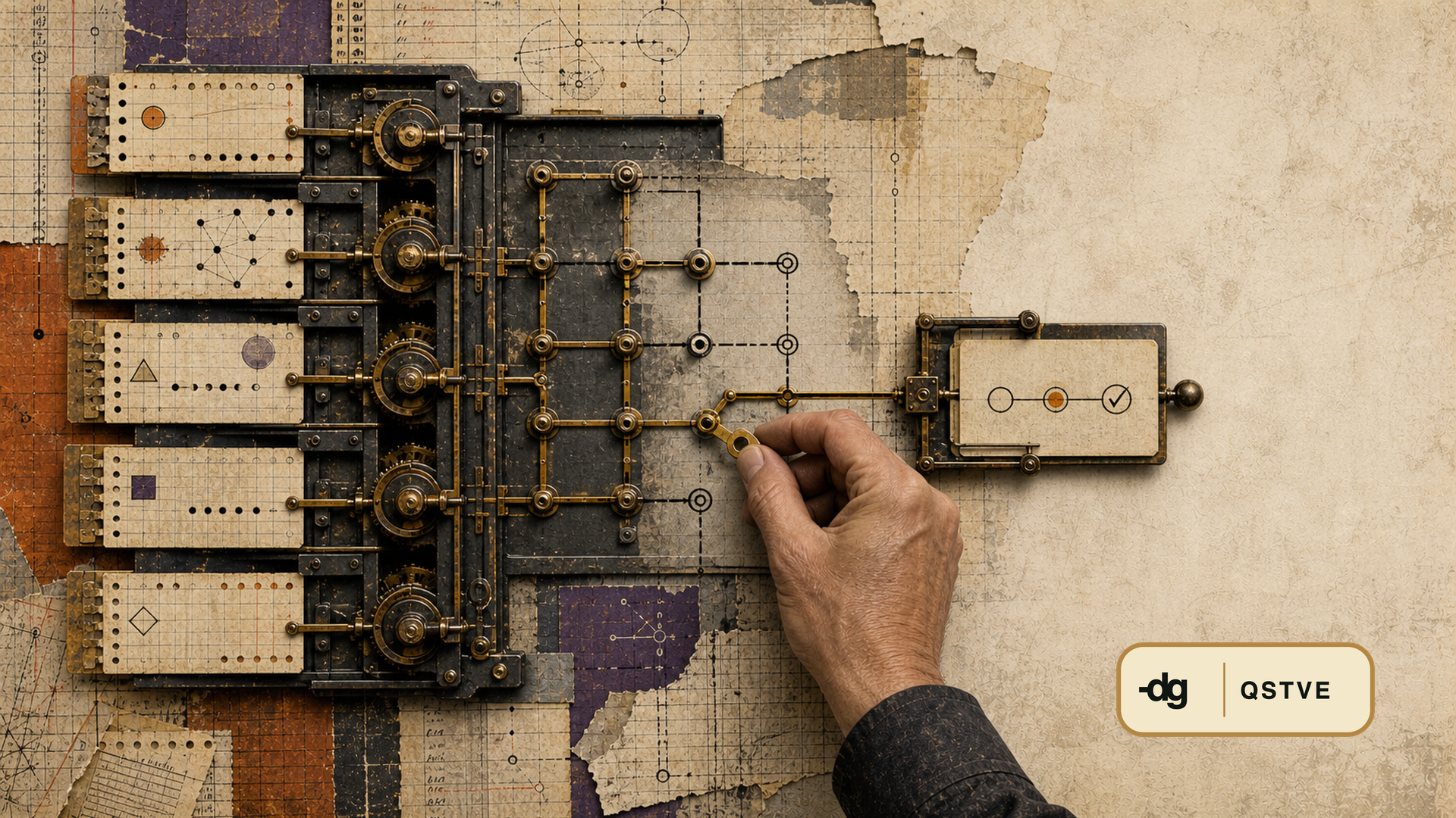 A hand connects a line on a mechanical diagram of linked nodes beside cards.