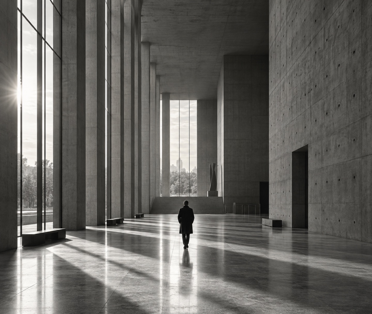A solitary figure walking through a vast concrete hall crossed by sunlight.