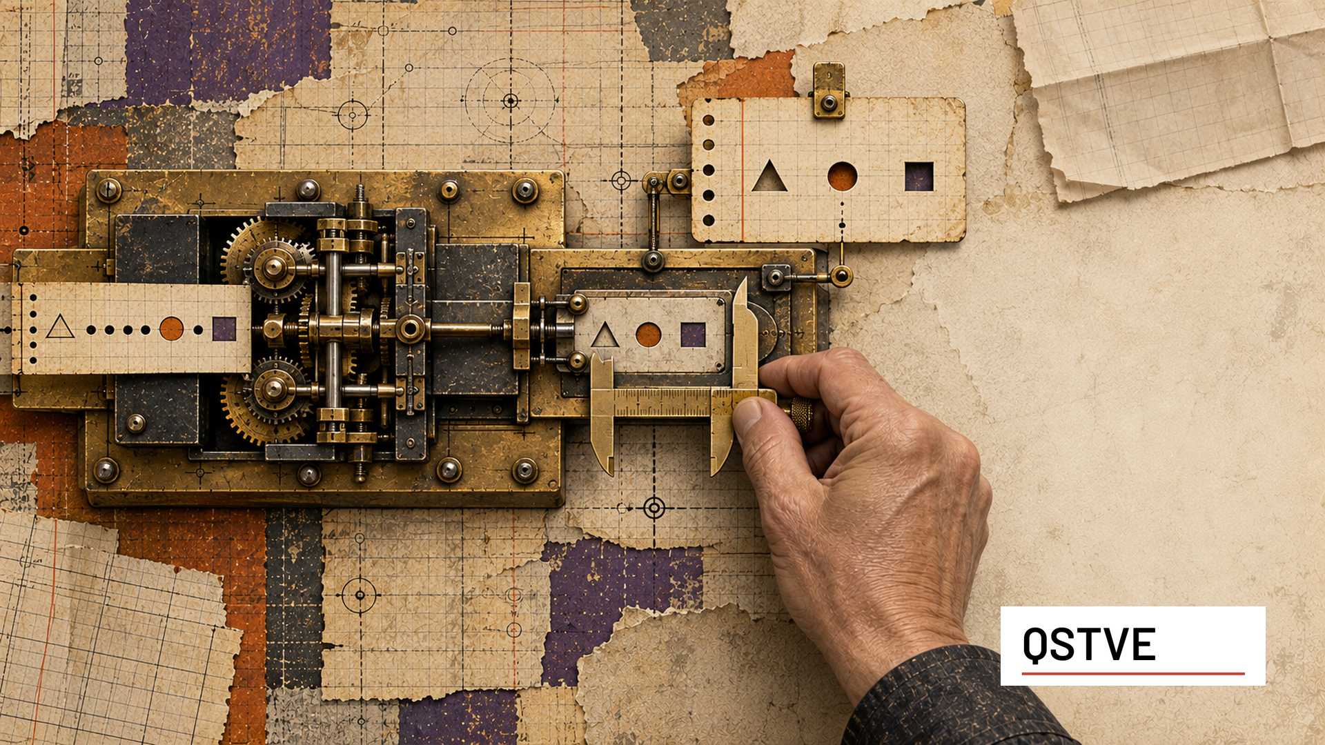 one dark metal completed routing assembly in a brass checking frame, directly connected to a punched evidence card. A human hand holds a measuring calliper against the output fixture rather than adjusting hidden internals.
