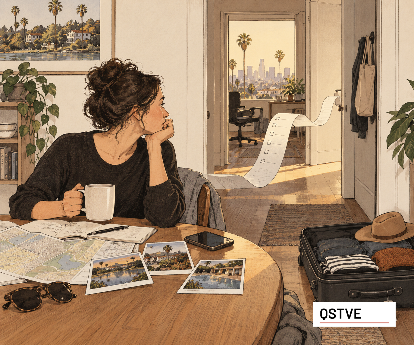 A woman reviews travel maps and photographs beside an open suitcase, with a long checklist curling from the next room.