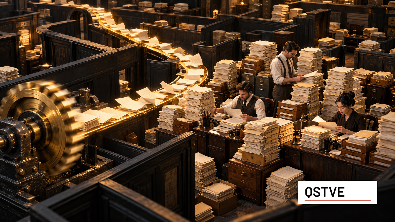 A spinning brass gear sends papers along a golden route toward three workers surrounded by towering stacks of unfinished work in a dark office maze.