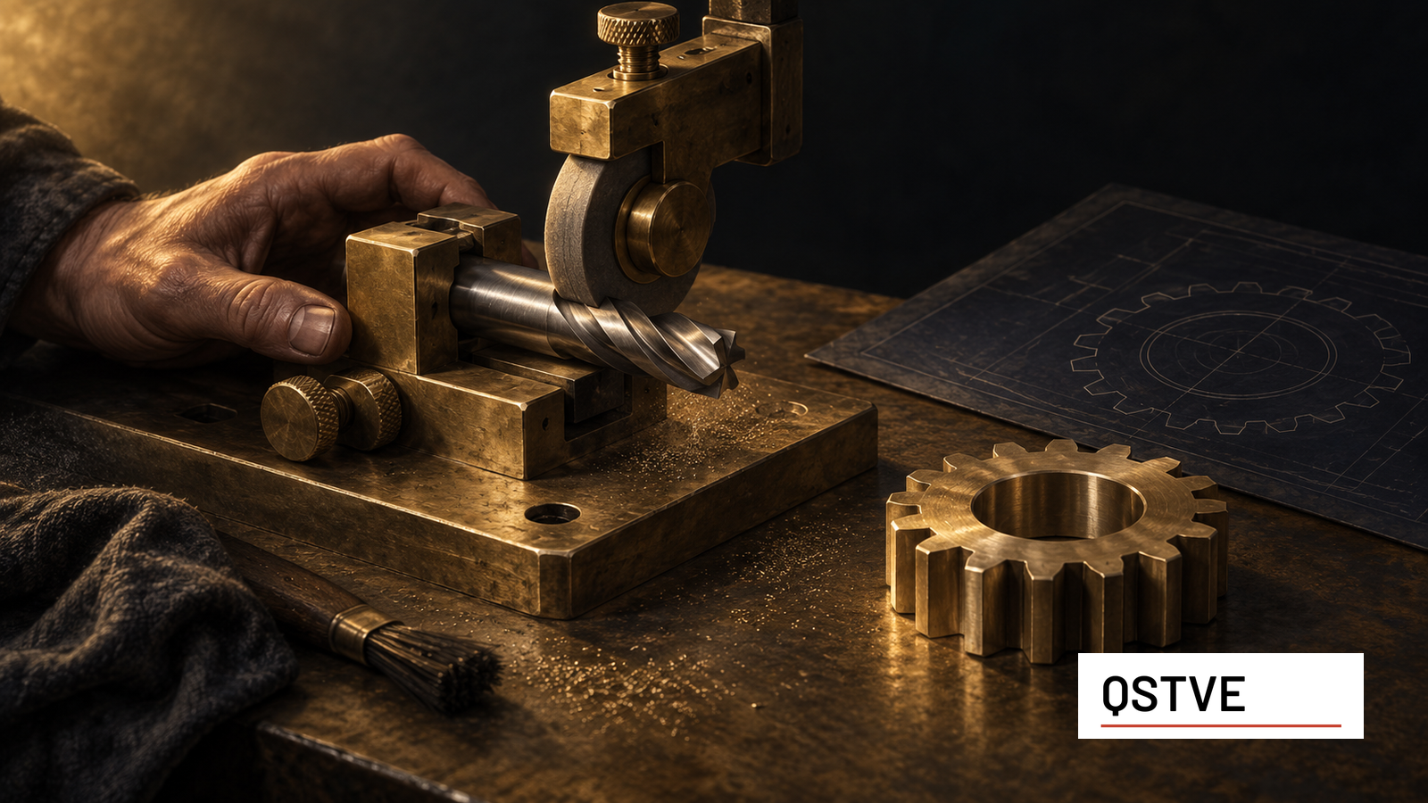 A hand steadies a brass fixture while a grinding wheel sharpens a steel cutting tool. A finished brass gear and its drawing lie beside the workbench.