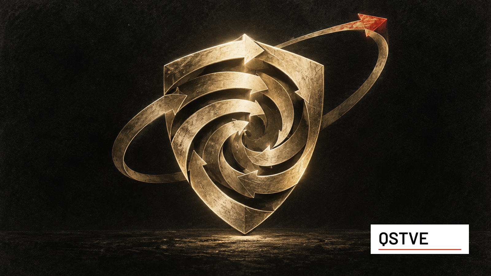 A golden shield made from circling arrows, with one red-tipped arrow breaking out of the loop and accelerating upward.