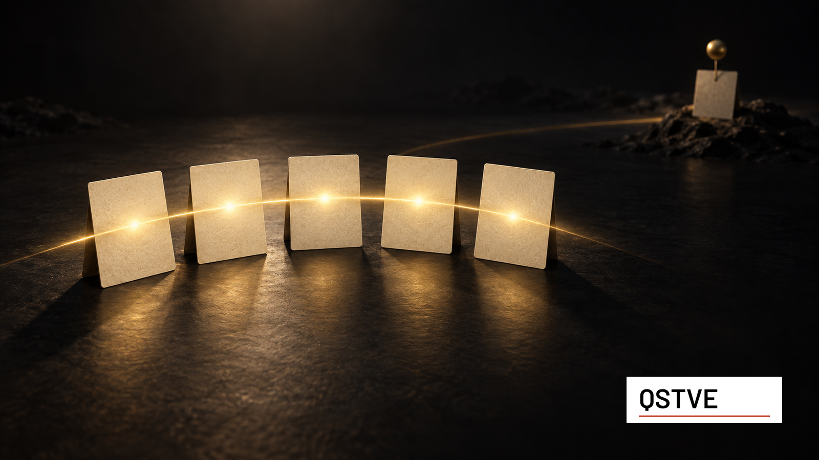 Five blank ivory result cards stand at even intervals along a glowing gold line. A separate brass forecast marker stands farther away on a dark rise beneath a black sky.