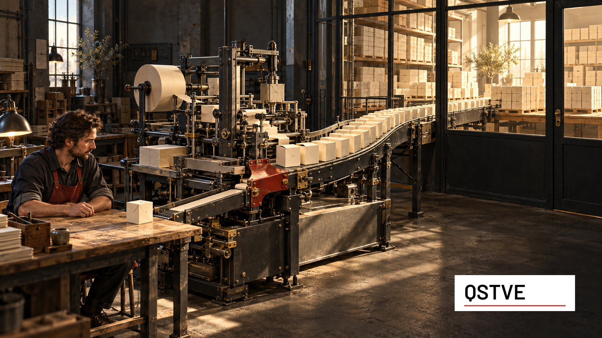 A worker sits beside an automated packaging machine. One carton rests near him while many more travel into a sunlit glass-enclosed storeroom.